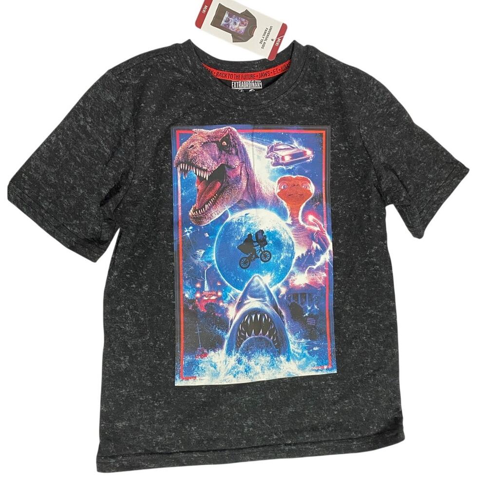 NEW KIDS Universal Studios Jaws & E.T. Black Acid Wash Family Tee Medium